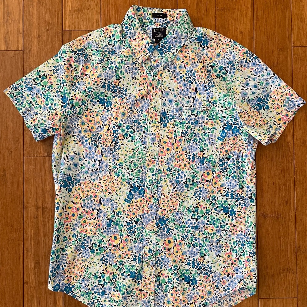Men's J Crew Floral Shirt, Short Sleeve Dress Shirt, Slim Fit, M - Pre-Owned